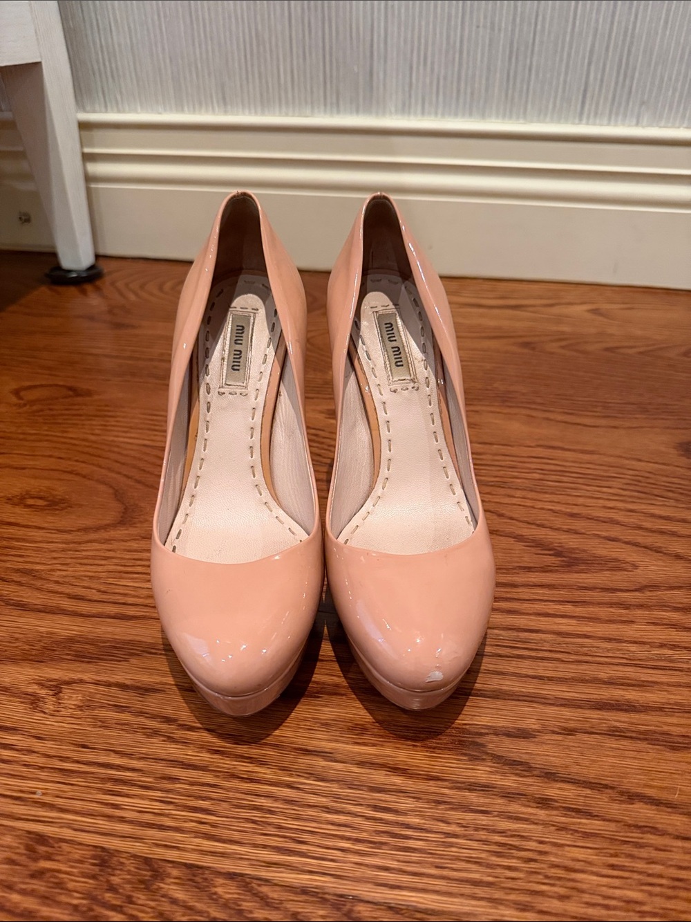 Miu Miu Glossy Blush Pink Patent Leather Round-Toe Pumps